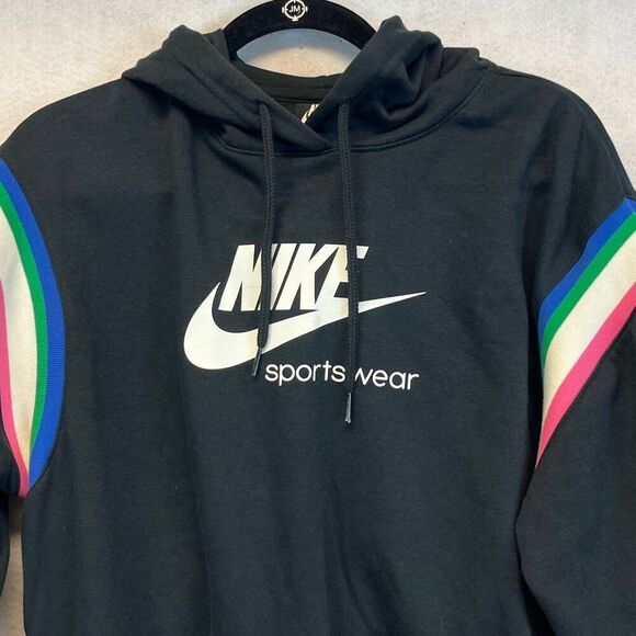 NIKE Women’s Heriatge Hoodie Small Black Cropped Pullover Sweatshirt Stripes - Picture 5 of 15